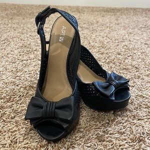 APT 9 Black Sandal Wedges with Bow